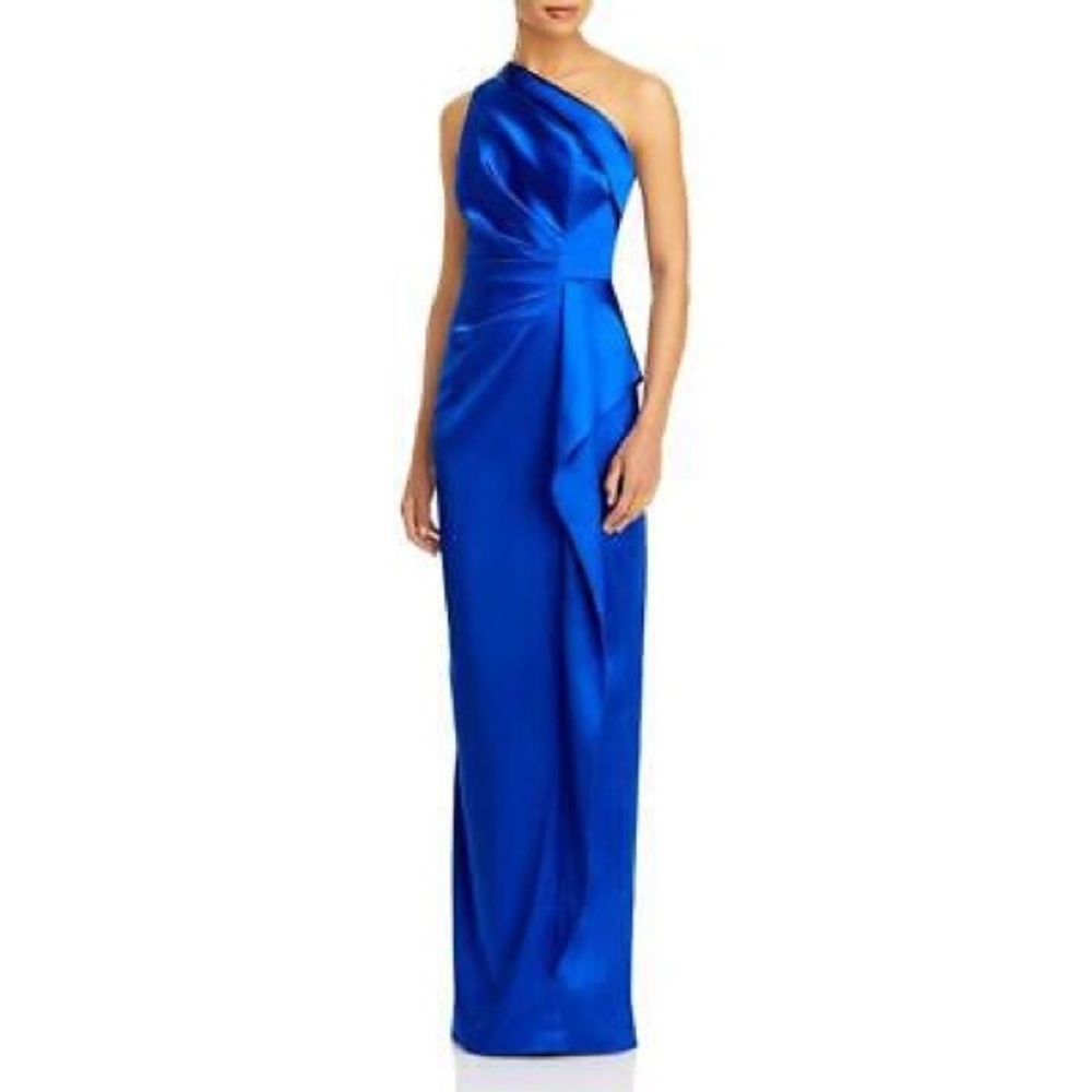 NWT  Rickie Freeman for Teri Jon One Shoulder Royal Blue Satin Gown. Size 10